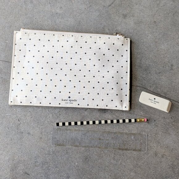 Kate Spade New York Ivory Black Polka Dots Zippered Leatherette Pencil Pouch - Picture 1 of 11